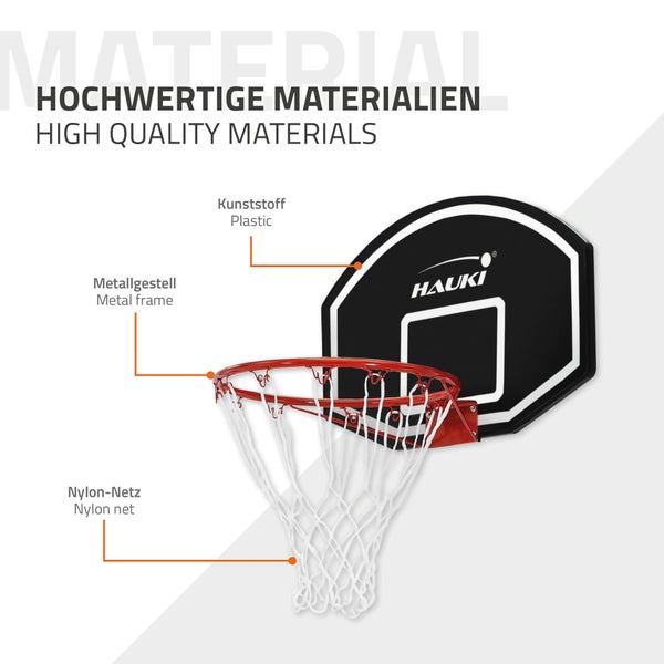 Hauki Basketballkorb-Set mit Ring Ø 41 cm und Netz, 71 x 45 cm, Schwarz, Basketball-Backboard für Wandmontage, wetterfest, In/Outdoor, Hängender Basketballbrett Basketballring, für Erwachsene & Kinder