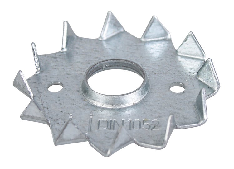 Eine runde Kralldübel Scheibe aus verzinktem Stahl nach DIN 1052 mit gezacktem Rand und zentraler Lochung zur Holzverbindung.