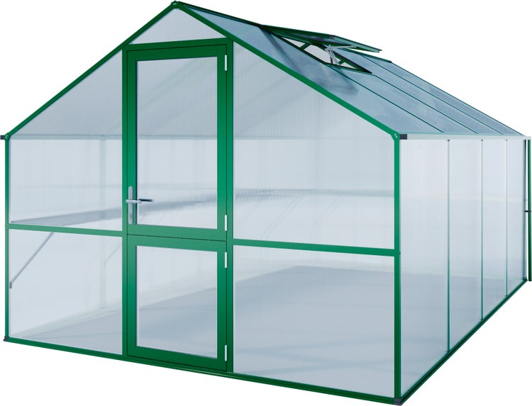 Gewächshaus mit grünem Aluminiumrahmen, Hohlkammerplatten aus Polycarbonat, einer Drehtür und einem Dachfenster.