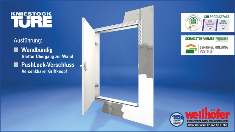 Kniestocktür von Wellhöfer mit wandbündigem Einbau, PushLock Verschluss und versenkbarem Griffknopf inklusive SHI Produktpass und 15 Jahre Garantie
