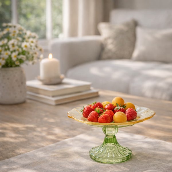 Servierschale aus Glas auf einem Standfuß mit Erdbeeren und Früchten auf einem Couchtisch aus Holz in einem hellen Wohnzimmer.