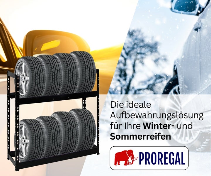 Schwarzes Reifenregal von Proregal mit zwei Ebenen für die Lagerung von acht Winter- und Sommerreifen. Proregal Logo.