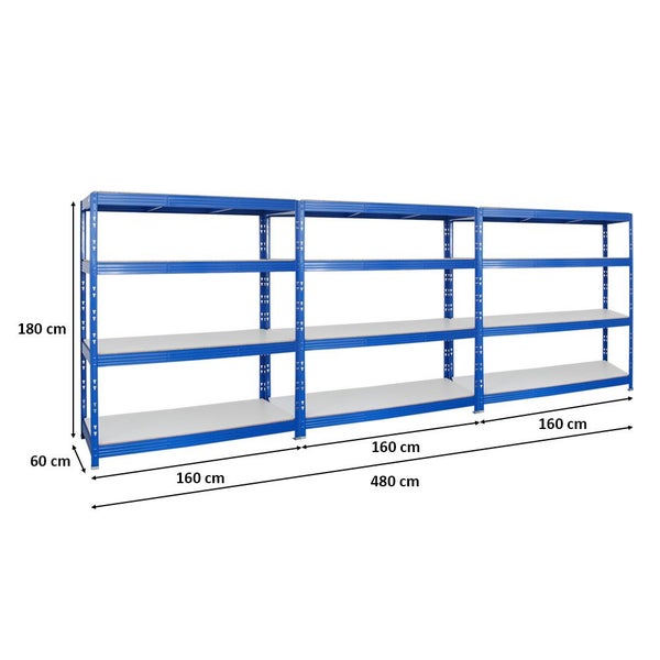 PROREGAL Mega Deal 3x Profi Schwerlastregal Rhino HxBxT 180 x 160 x 60 cm 4 Melamin-Ebenen 16mm Fachlast 500 kg Blau
