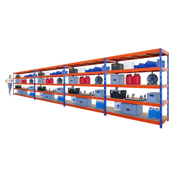 PROREGAL Mega Deal 4x Profi Schwerlastregal Rhino HxBxT 200x200x60cm 5 Spanplatten-Ebenen 8mm Fachlast 500kg Blau/Orange