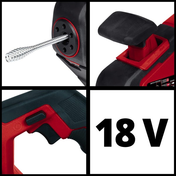 Detailansicht einer Rohrreinigungsspirale mit 18 Volt Akku