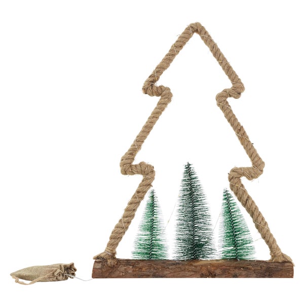 ECD Germany LED Jute Baum mit LED-Beleuchtung 35x6,5x45 cm, Deko Weihnachtsbaum aus Seil mit 45 warmweißen LEDs, 3 Tannen, Jutesäckchen, batteriebetrieben, Timer, Tannenbaum Figur Weihnachtsdeko Innen