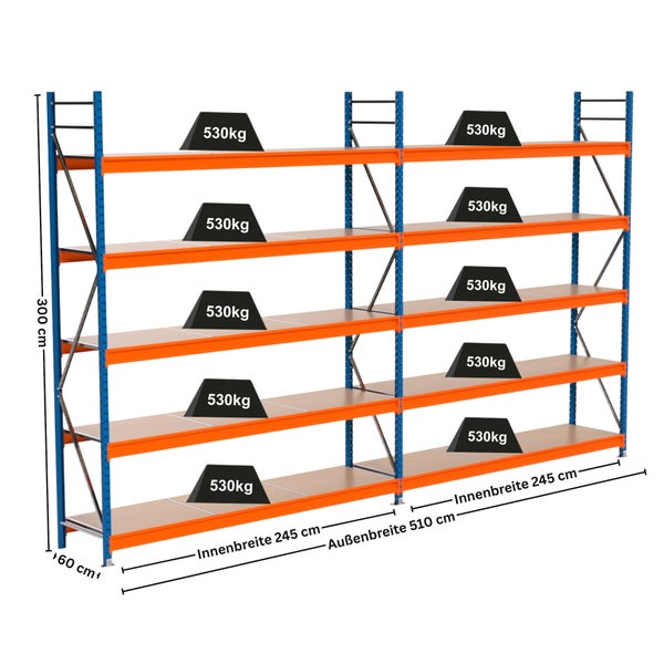 Regal mit fünf Ebenen und Gewichtsangabe