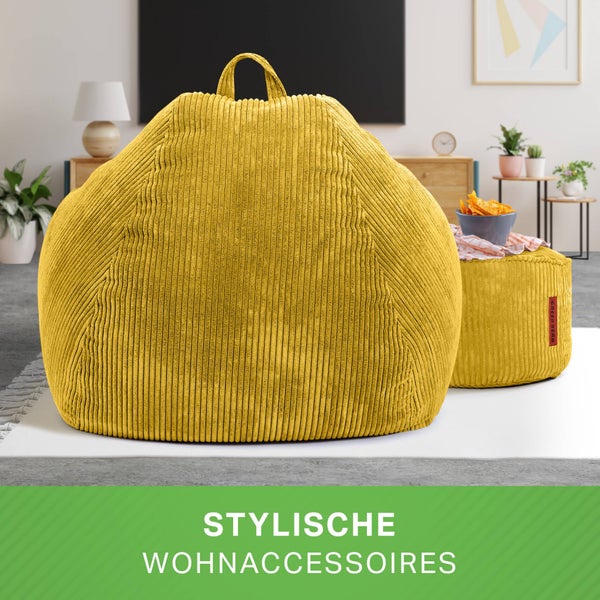 Green Bean 2er Set Indoor XXL Sitzsack + Pouf mit EPS-Perlen Füllung - Fußhocker Fußkissen Hocker Bodenkissen Liegekissen Sitzkissen Lounge Chair - Gelb
