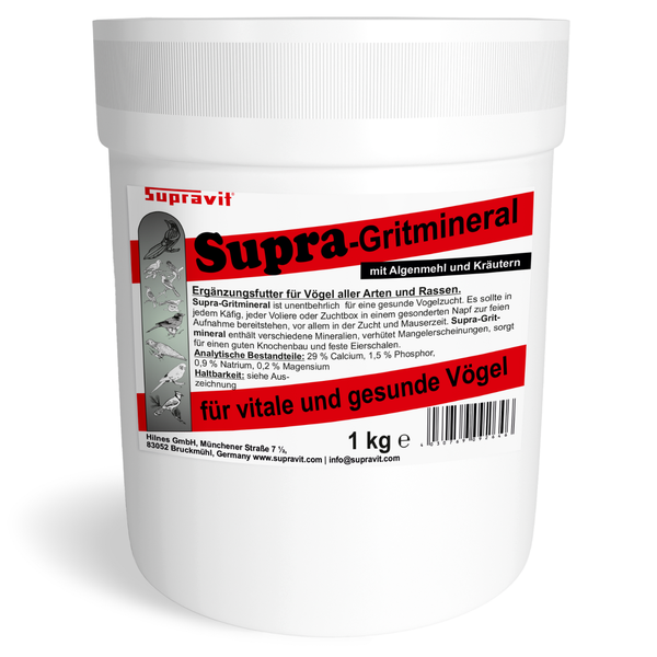 Supravit Supra-Gritmineral Ergänzungsfutter für Vögel in einem weißen Eimer