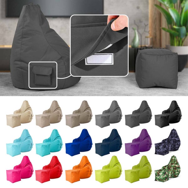 Green Bean 2er Set Sitzsack + Hocker - fertig befüllt - robust waschbar schmutzabweisend - Kinder & Erwachsene Bean Bag Bodenkissen Lounge Sitzhocker Relax-Sessel Gamer Gamingstuhl Pouf - Anthrazit