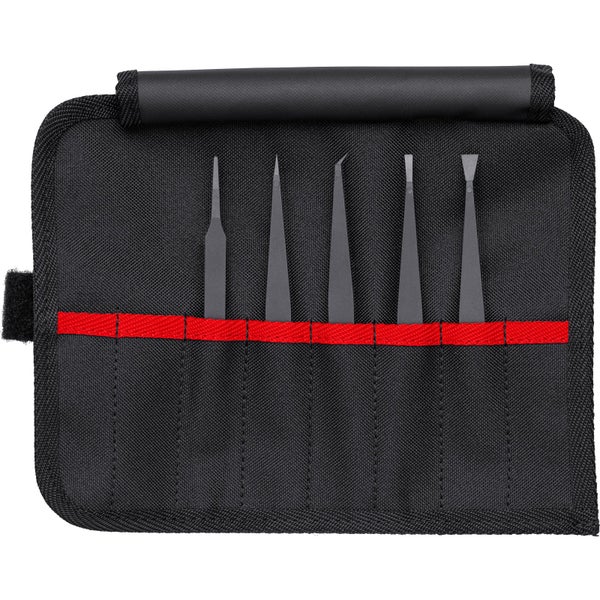 Präzisions-Pinzetten-Set 5-teilig in einer schwarzen Textil-Rolltasche mit verschiedenen Spitzenformen.
