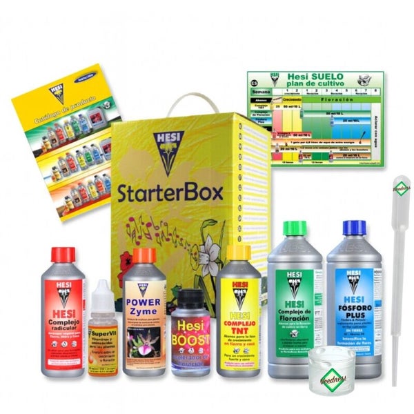 Hesi StarterBox Boden Pflanzendünger Set bestehend aus verschiedenen Düngemitteln, Zuchtplan, Produktkatalog, Pipette und Messbecher.
