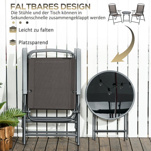 Outsunny Bistro-Set 3-teilig aus Metall Wetterfest Gartenmöbel Set mit klappbar Glastisch Gartenstühlen Outdoor Balkonmöbel Set Sitzgruppe Balkonset Gartengarnitur Braun