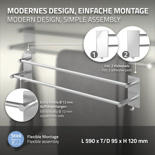 ML-Design Handtuchhalter ohne Bohren 59 cm, 2 Handtuchstangen, 2 Haken, Silber, Edelstahl, Wandmontage, Badetuchhalter Doppelt zum kleben für Bad&Küche, Modern Wandhalter selbstklebend für Handtücher