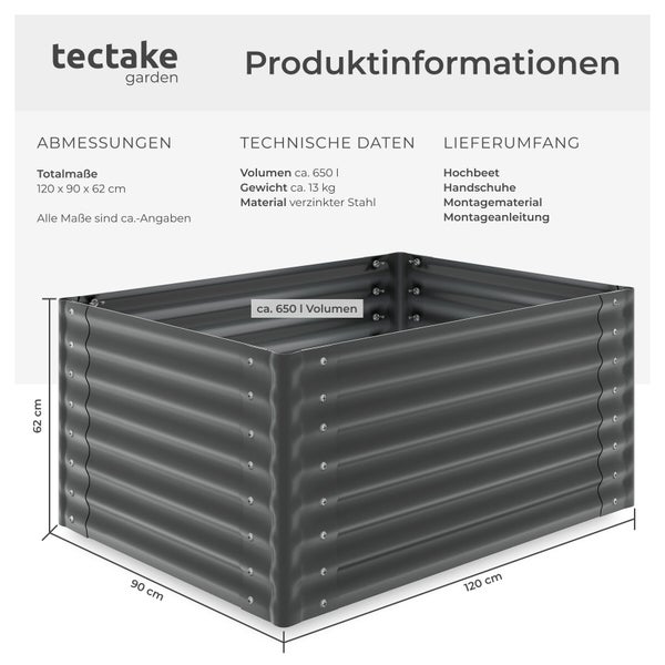 Produktinformationen Tectake Garten Hochbeet mit den Maßen 120 x 90 x 62 cm und einem Volumen von circa 650 Liter, inklusive Handschuhen, Montagematerial und Montageanleitung