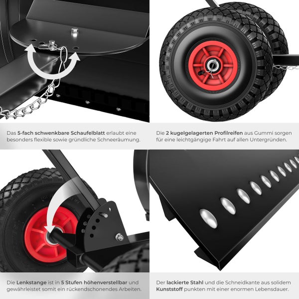 Detailansicht einer Schneeschaufel mit schwenkbarem Schaufelblatt, Gummireifen, höhenverstellbarer Lenkstange und Schneidkante aus Kunststoff