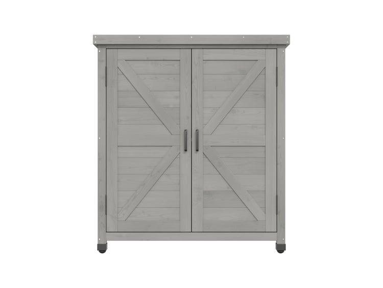 Gartenschrank aus Holz mit Doppeltür, X-Verstrebung und zwei Griffen.