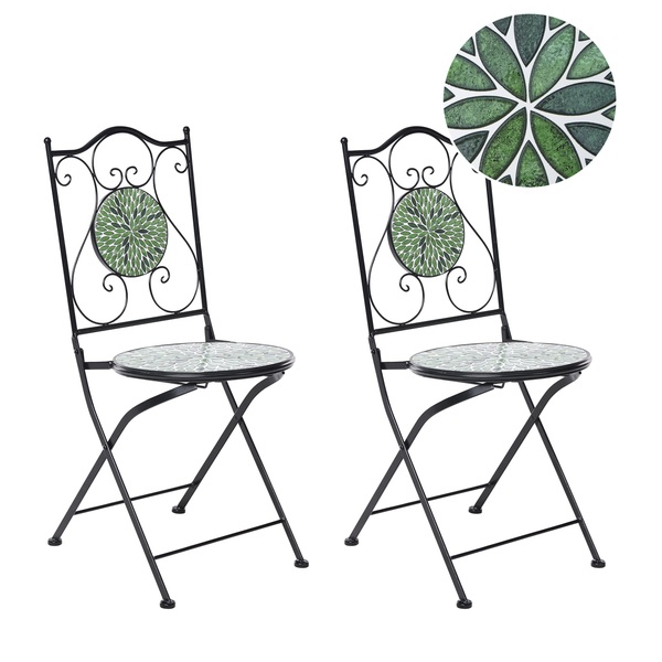 Zwei schwarze Klappstühle aus Metall mit runder Mosaiksitzfläche und Rückenlehne in grünem Blütendesign mit Detailvergrößerung des Musters.
