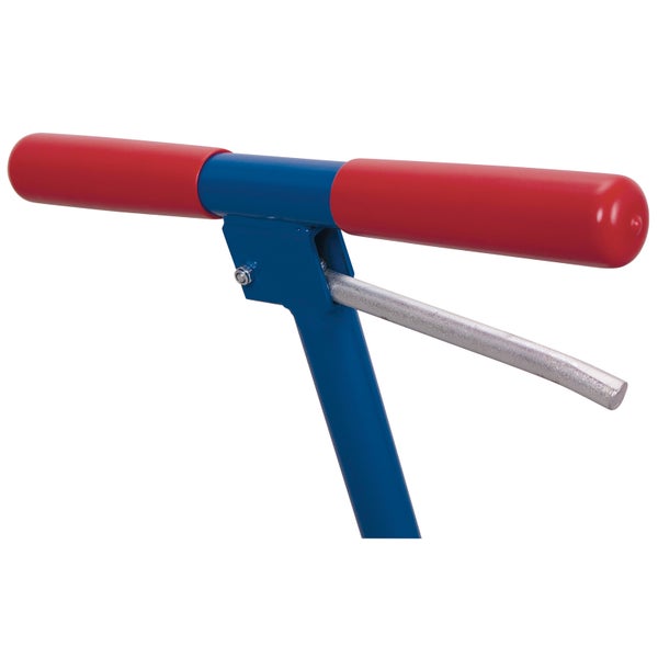 T-Griff eines Umreifungsgerätes aus blauem Metall mit roten Griffschalen und silbernem Hebel.