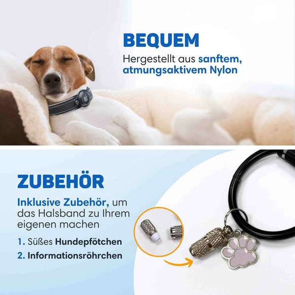 Ein Hundehalsband aus atmungsaktivem Nylon mit Halterung für Apple AirTag inklusive Pfotenanhänger und Informationsröhrchen.