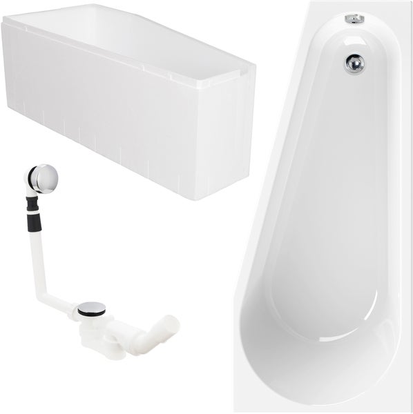 Set bestehend aus einer weißen Badewanne, einem rechteckigen Badewannenträger aus Styropor und einer Ab- und Überlaufgarnitur aus Chrom.