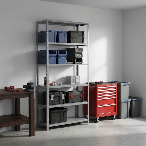 Organisierte Werkstatt mit hohem Metallregal, Sichtlagerboxen, einem mobilen Werkstattwagen mit Schubladen und einer Hobelbank aus Holz.