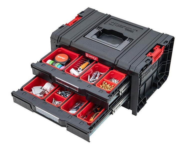 PROREGAL QBRICK Werkzeugkasten Pro Toolbox Mit 3 Schubladen HxB 24,5 x 32 cm Mit Deck & Teleskopgriffe Mit Klemmverschlüsse Schwarz
