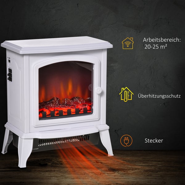 Freistehender elektrischer Kamin in weiß mit Flammeneffekt, Überhitzungsschutz und für Räume bis 25 Quadratmeter geeignet, Netzbetrieb.