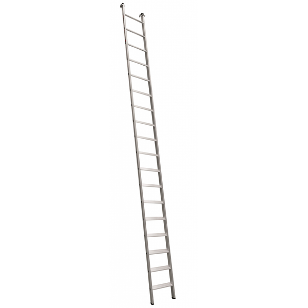 Eine lange Anlegeleiter aus Aluminium mit zahlreichen Sprossen, ideal für Arbeiten in der Höhe.