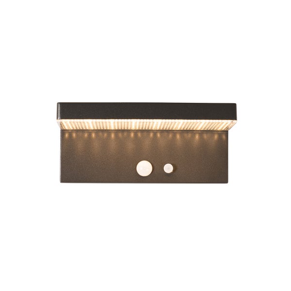 Moderne LED Außenwandleuchte mit Bewegungsmelder, integriertes Leuchtmittel, warmweißes Licht.