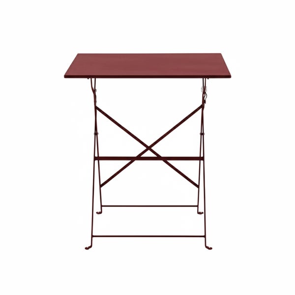Klappbarer Gartentisch aus Metall in Dunkelrot mit rechteckiger Tischplatte und X-Gestell.