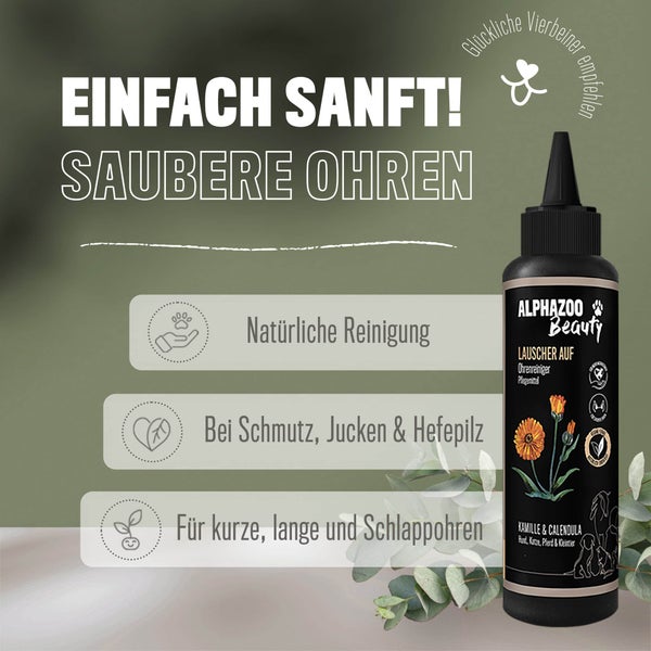 ALPHAZOO Lauscher-Auf Ohrenreiniger 200ml für Hunde und Katzen I Ohrenpflege mit Kamille