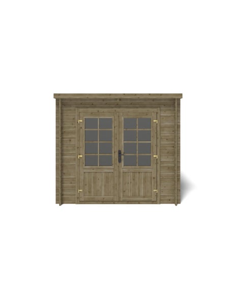 Gartenhaus aus Holz mit Doppeltür inklusive Glaseinsätzen und Flachdach.