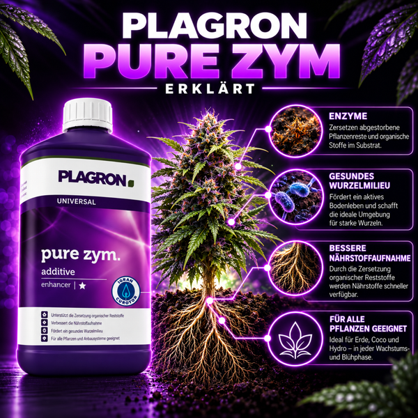 Plagron Pure Zym Flasche mit Infografik zur Wirkungsweise als organischer Pflanzenzusatz zur Verbesserung der Nährstoffaufnahme und Wurzelgesundheit.