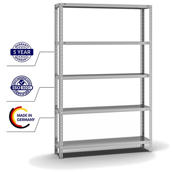 PROREGAL Fachbodenregal Schraubsystem Medium-Duty Grundregal HxBxT 200 x 130 x 30 cm 5 Ebenen Fachlast 200 kg Beidseitig Nutzbar Verzinkt