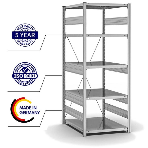 PROREGAL Fachbodenregal Stecksystem T-Profil Heavy-Duty Grundregal HxBxT 200 x 75 x 80 cm 5 Ebenen Fachlast 300 kg Einseitig Nutzbar Verzinkt