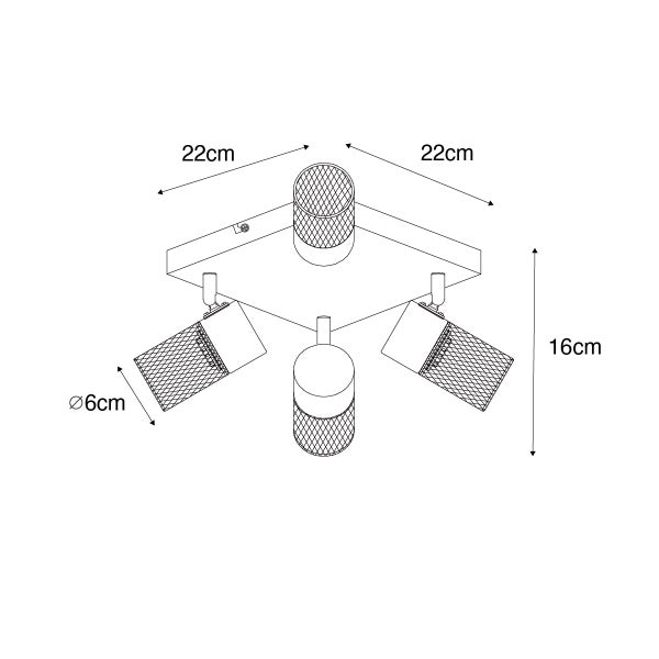 Technische Zeichnung einer Deckenleuchte mit vier Strahlern und Maßangaben