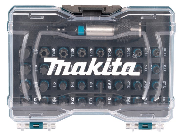 Makita Logo Bit Set mit verschiedenen Schraubendreher-Bits in transparenter Kunststoffbox