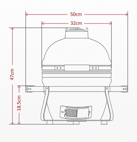 Technische Zeichnung eines Kamado Grills mit Maßangaben für Höhe und Breite in Zentimetern.