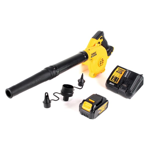 DeWalt Akku-Laubbläser Set mit 18 Volt Akku, Ladegerät und verschiedenen Düsenaufsätzen.