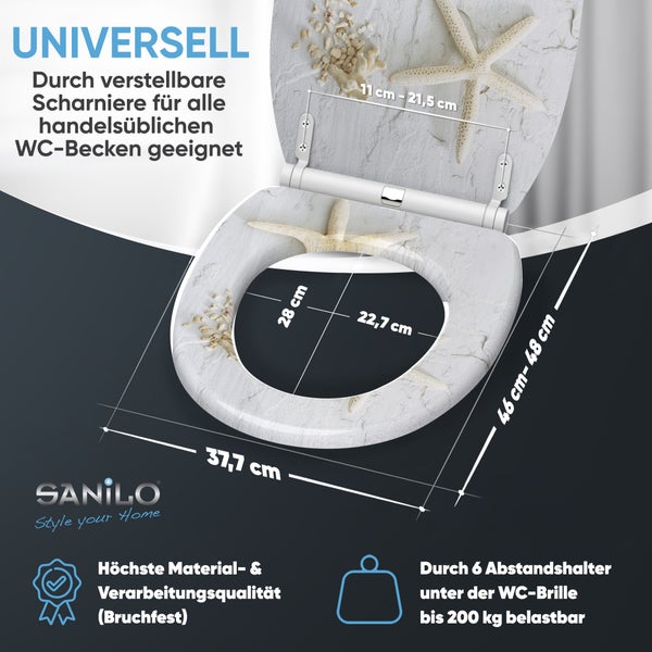 Sanilo WC-Sitz mit Seestern-Motiv, verstellbare Scharniere, Maße circa 37,7 mal 48 Zentimeter, belastbar bis 200 Kilogramm, Sanilo Logo.