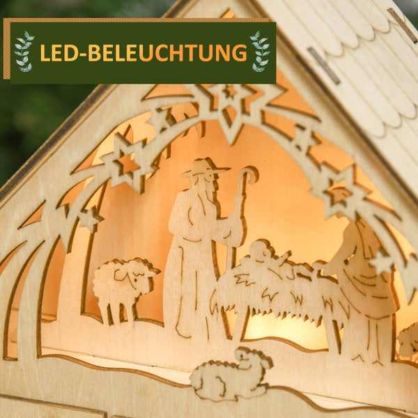 LED-beleuchtete Weihnachtskrippe aus Holz mit ausgeschnittenem Motiv von Hirten, Schafen und Futterkrippe unter einem Sternenbogen.