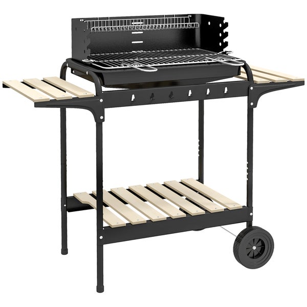 Outsunny Holzkohlegrill aus Metall höheverstellbar Grillrost, BBQ Smoker mit Räder, Holzablage, fahrbar Kohlegrill Grillwagen, Holzkohle Grill für Terrasse Camping, Barbeque, 103x47x95 cm