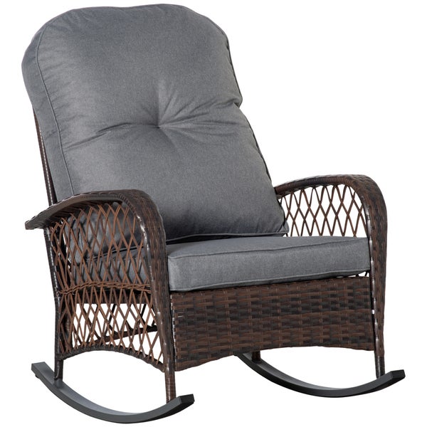 Outsunny Schaukelstuhl, Gartenstuhl mit Kissen, 75 x 98 x 91 cm, Stahl, PE-Rattan, Polyester, Schaumstoff, Braun