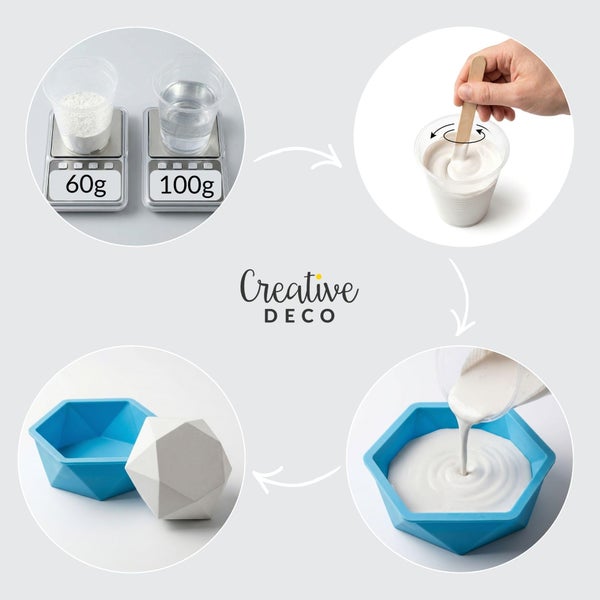Anleitung von Creative Deco zum Abwiegen, Mischen und Gießen von Gussmasse in eine hexagonale Silikonform für ein geometrisches Dekoobjekt.