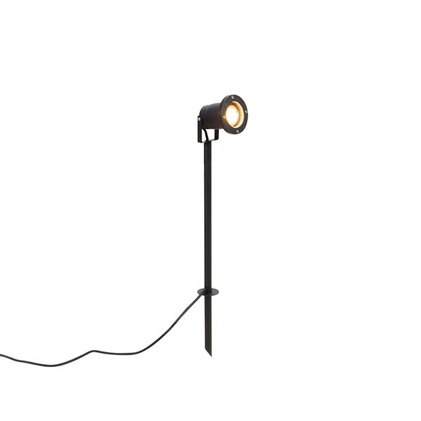 Schwarzer Gartenstrahler mit Erdspieß und verstellbarem Lampenkopf für die Außenbeleuchtung.