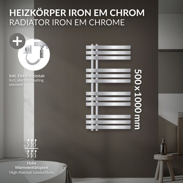 LuxeBath Elektrischer Badheizkörper Iron EM 500x1000mm Chrom + Heizstab 600W mit Thermostat Touchbedienung, Handtuchheizkörper mit Heizpatrone, Elektro Handtuchwärmer Paneelheizkörper Designheizkörper