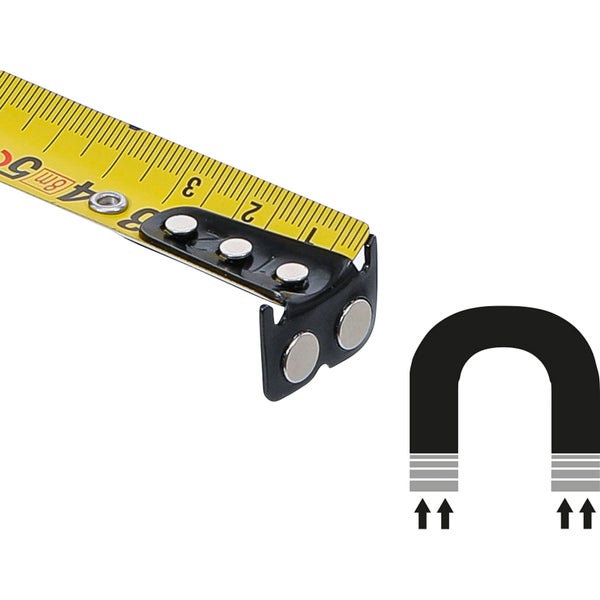 Gelbes Rollbandmaß mit magnetischer Spitze und Magnet Symbol