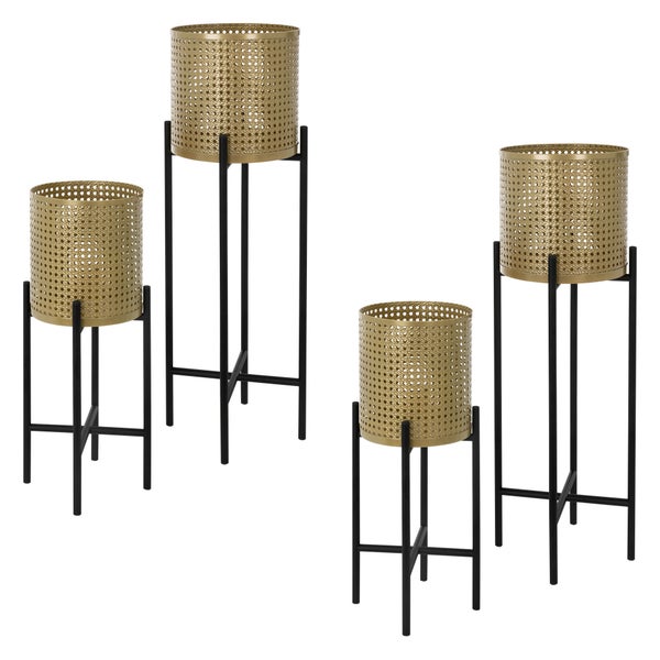 ML-Design Blumenständer 4er Set Schwarz-Gold 17x17x55/19x19x75,5 cm, aus Stahl, Blumentopfständer mit Übertopf, Metall Pflanzenständer, Blumentopfhalter 4-tlg, Pflanztopf Deko Blumensäule Blumenhocker