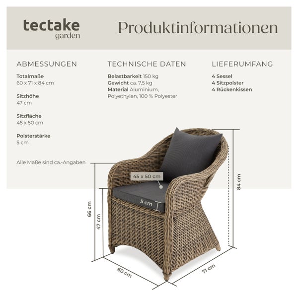 4er Set Rattansessel tectake  71 x 60 x 84 cm mit Aluminiumgestell natur